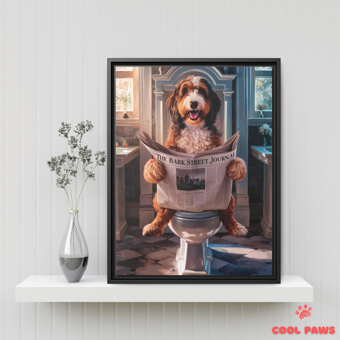 Bernedoodle Reading the Newspaper on the Toilet