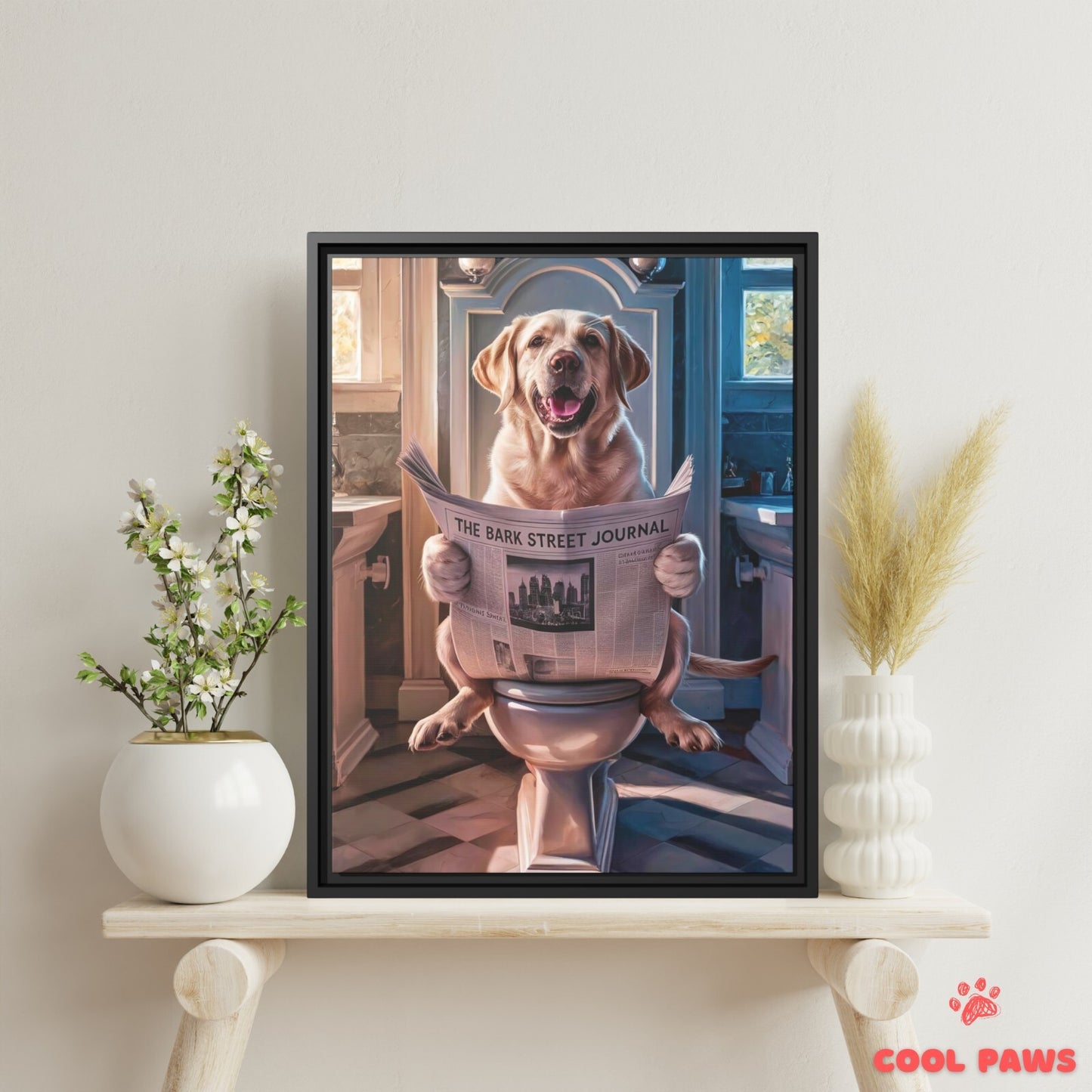 Labrador Retriever Reading the Newspaper on the Toilet