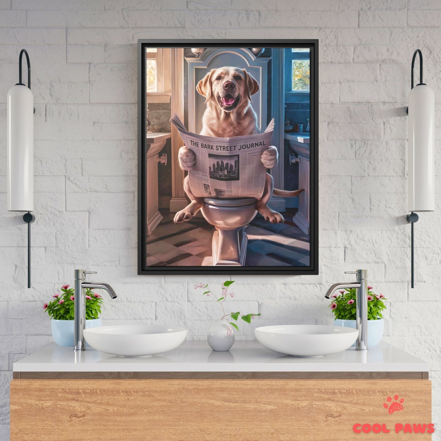 Labrador Retriever Reading the Newspaper on the Toilet