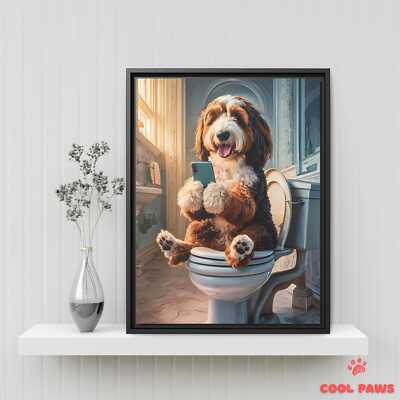 Bernedoodle on the Toilet with a Smartphone