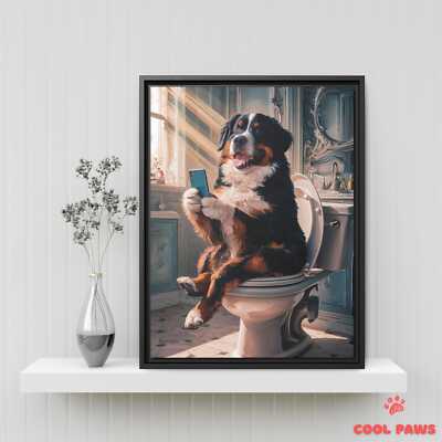 Bernese Mountain Dog on the Toilet with a Smartphone