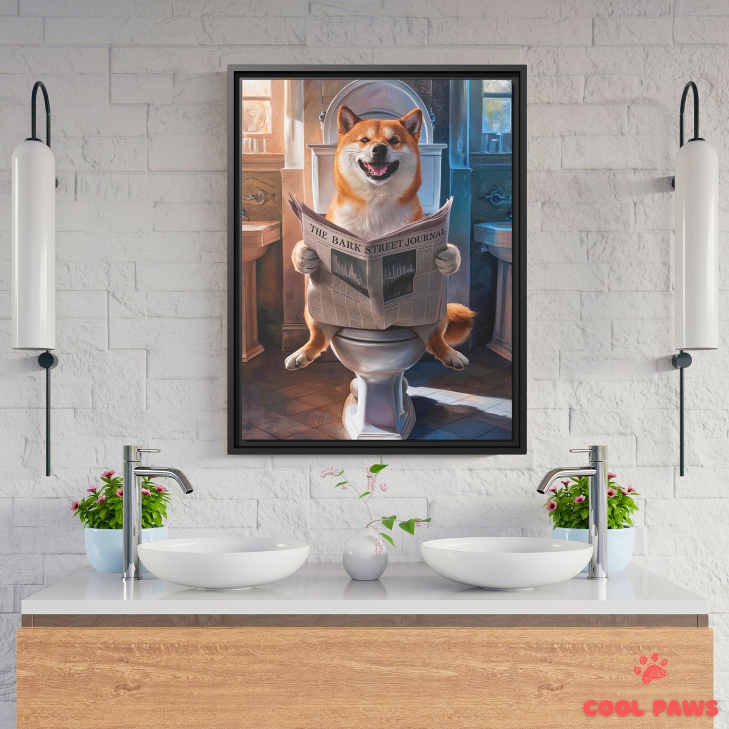 Shiba Inu Reading the Newspaper on the Toilet