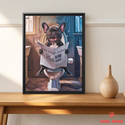 French Bulldog Reading the Newspaper on the Toilet