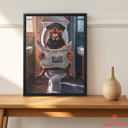 Rottweiler Reading the Newspaper on the Toilet