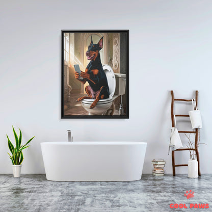 Doberman on the Toilet with a Smartphone
