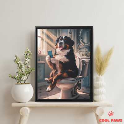 Bernese Mountain Dog on the Toilet with a Smartphone