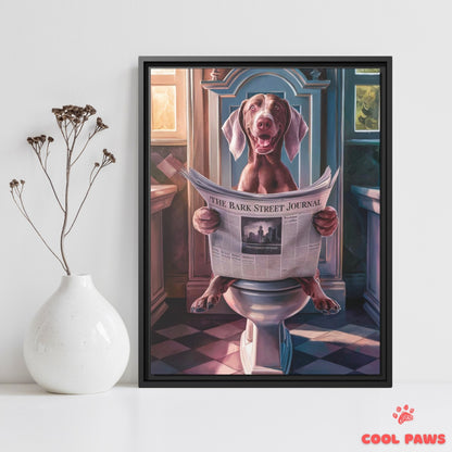 Weimaraner Reading the Newspaper on the Toilet