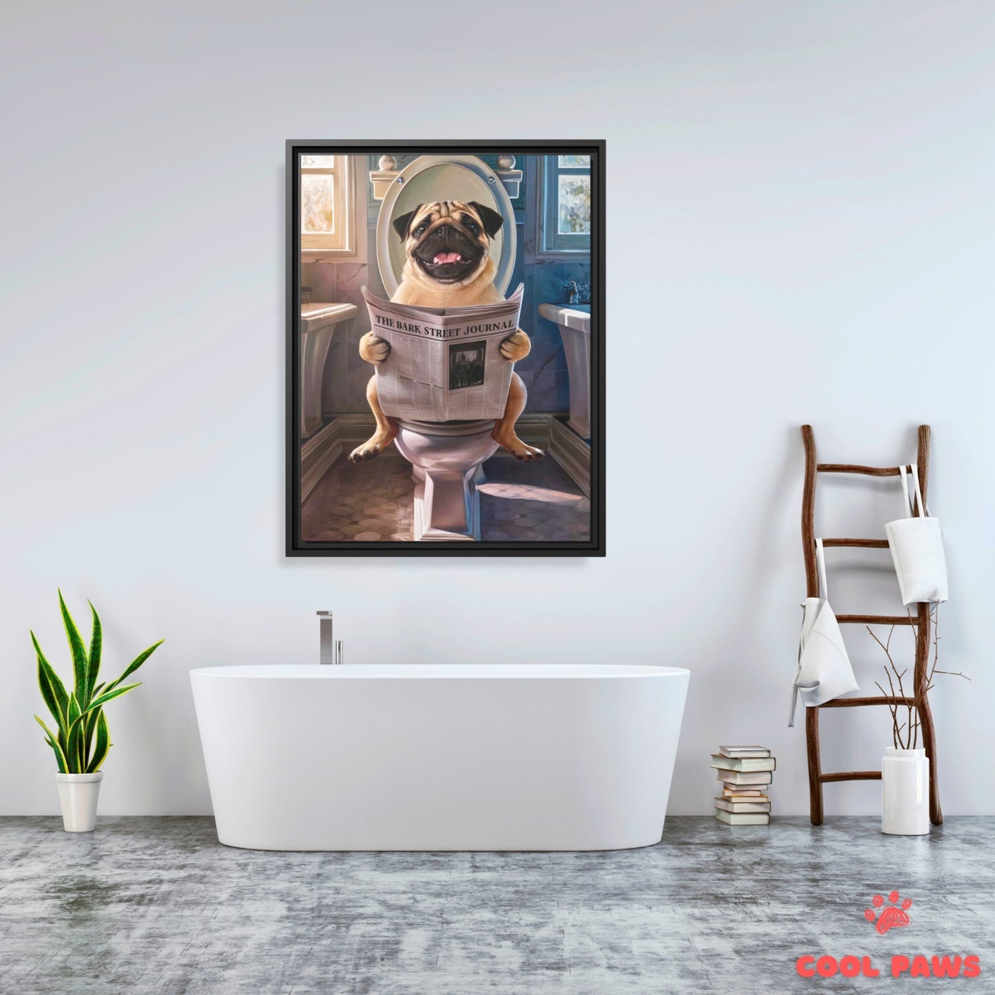 Pug Reading the Newspaper on the Toilet