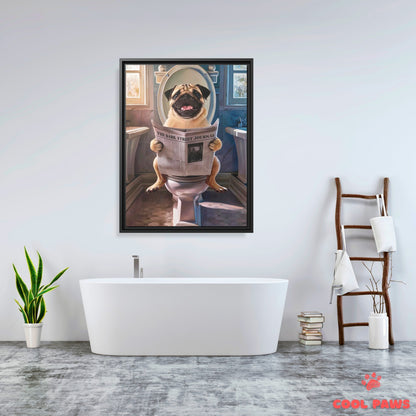Pug Reading the Newspaper on the Toilet