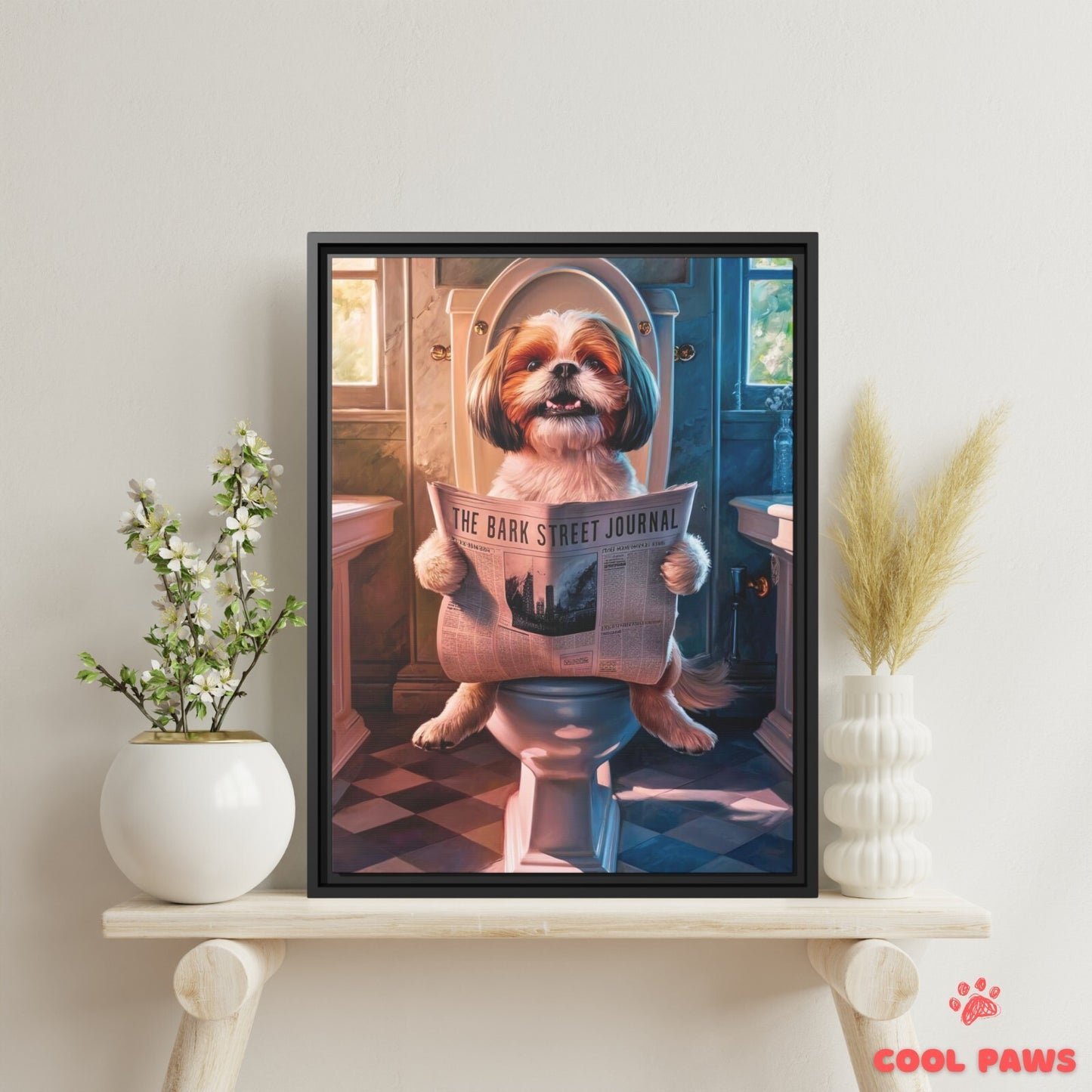 Shih Tzu Reading the Newspaper on the Toilet