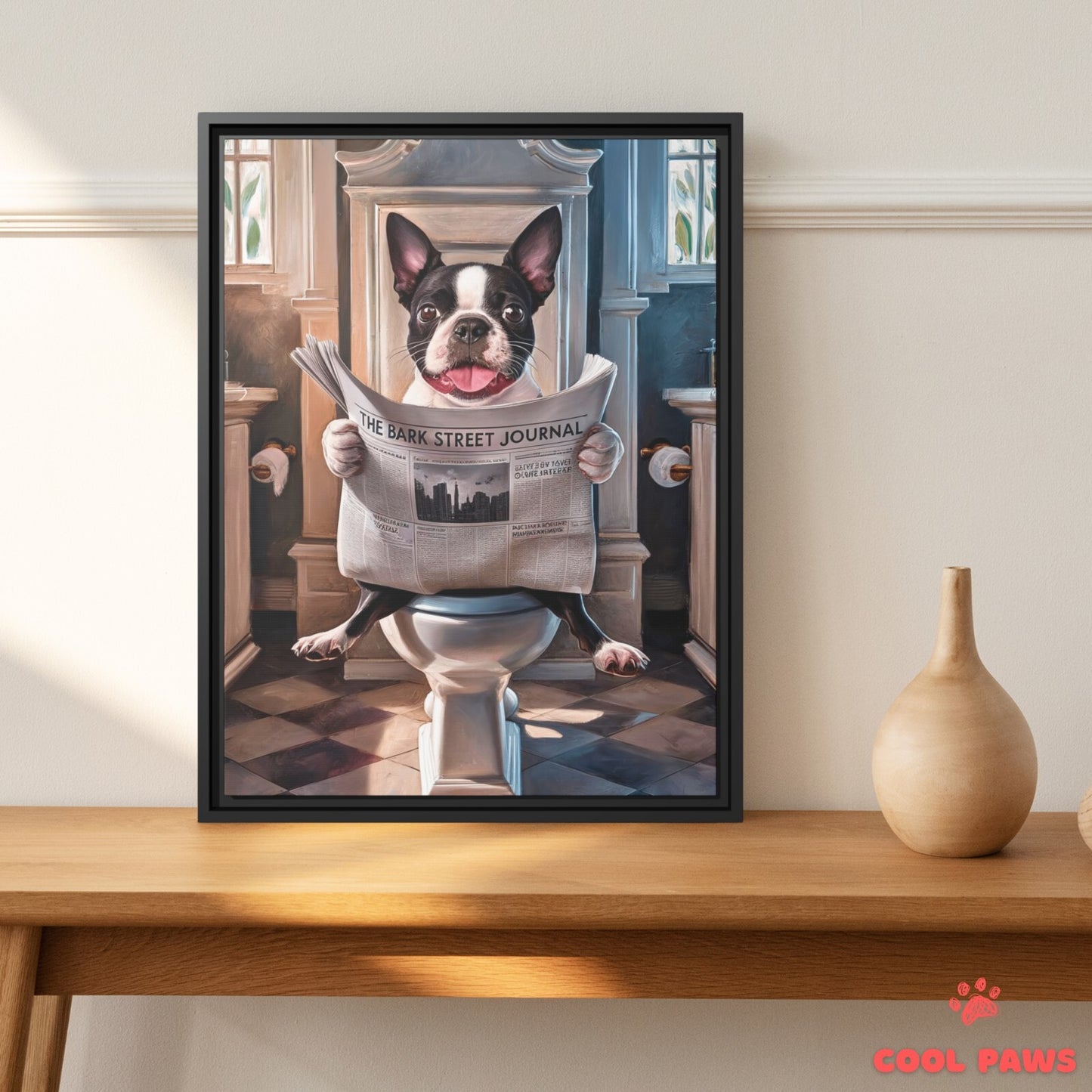 Boston Terrier Reading the Newspaper on the Toilet