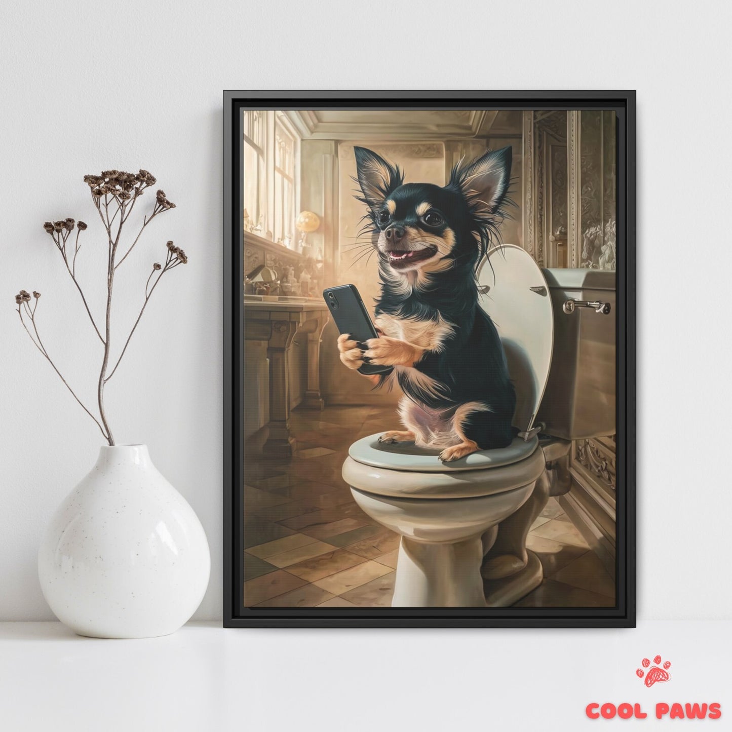 Chihuahua on the Toilet with a Smartphone