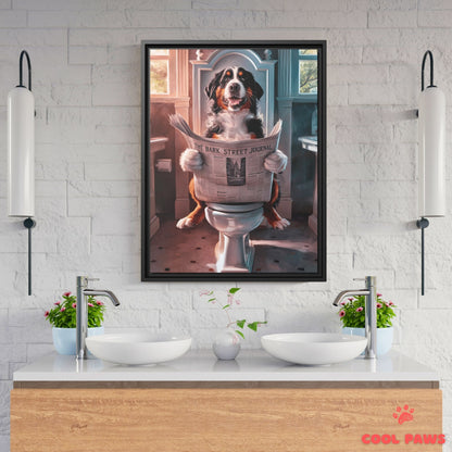 Bernese Mountain Dog Reading the Newspaper on the Toilet