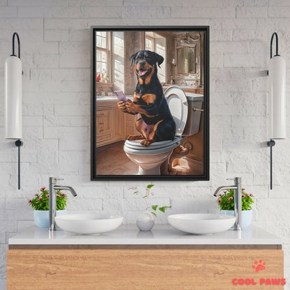 Rottweiler on the Toilet with a Smartphone
