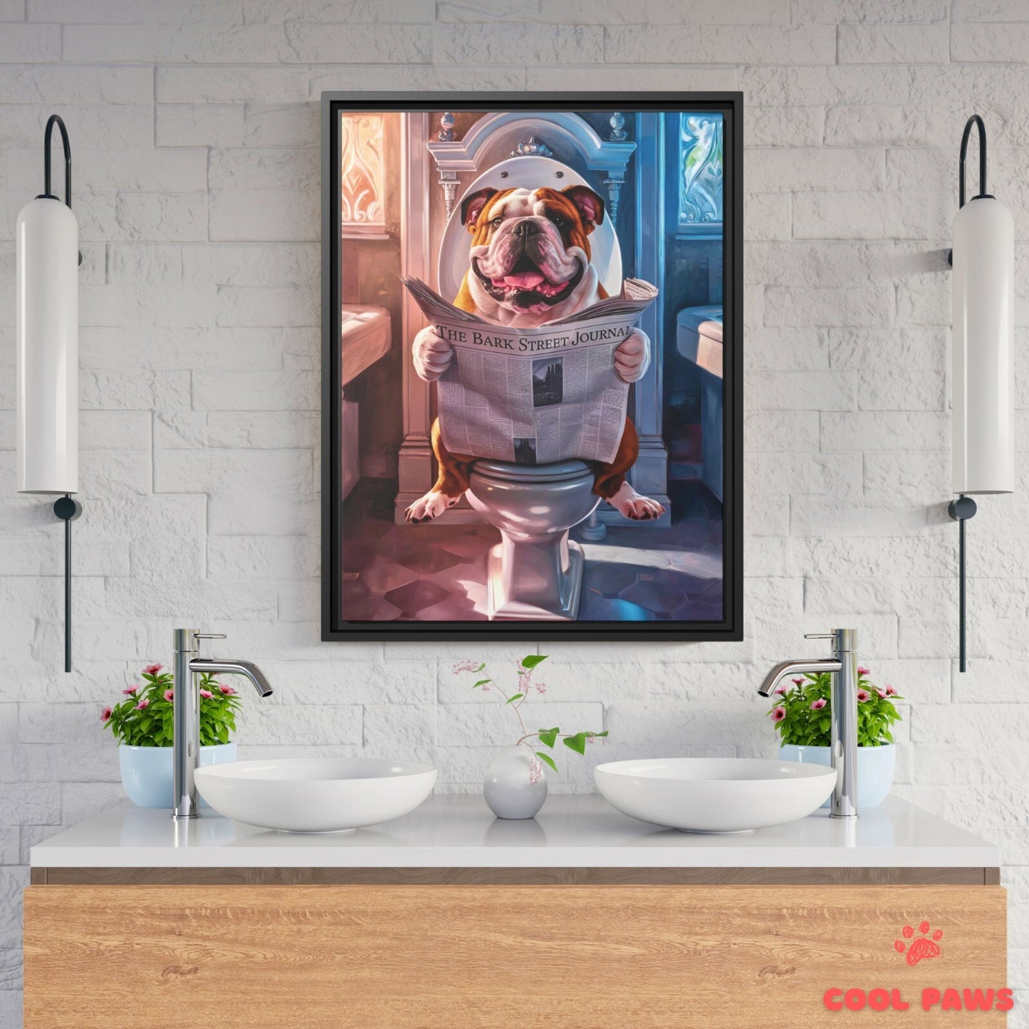 English Bulldog Reading the Newspaper on the Toilet