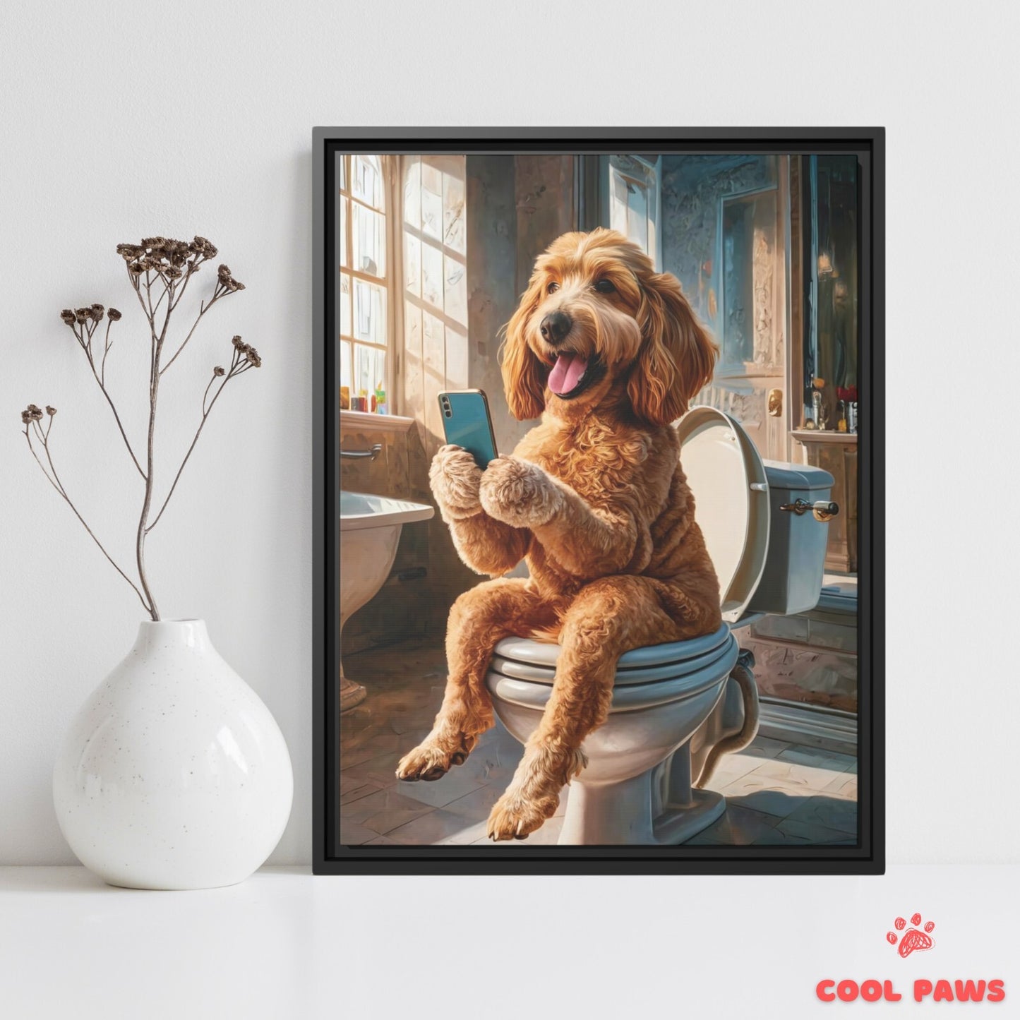 Goldendoodle on the Toilet with a Smartphone