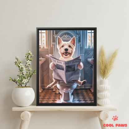 Westie Reading the Newspaper on the Toilet