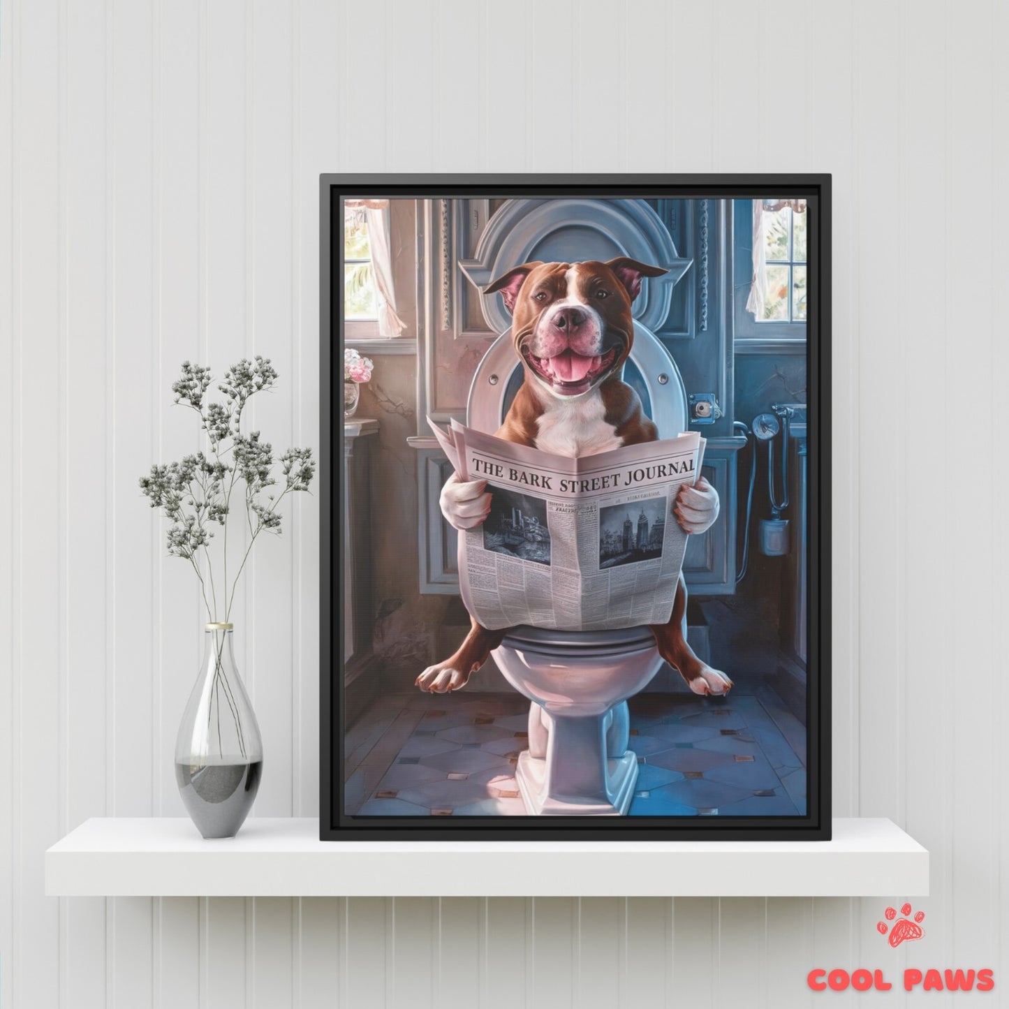 Pit Bull Reading the Newspaper on the Toilet