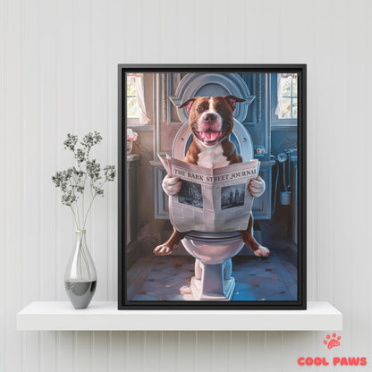 Pit Bull Reading the Newspaper on the Toilet