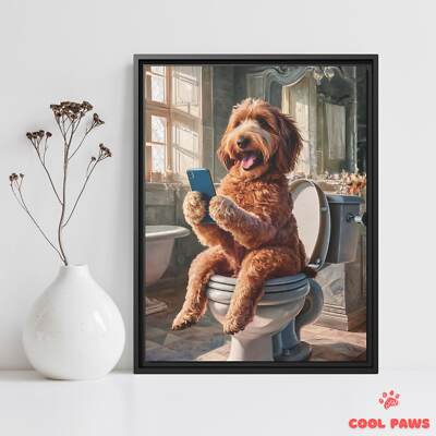 Goldendoodle (Dark) on the Toilet with a Smartphone