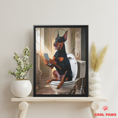 Doberman on the Toilet with a Smartphone