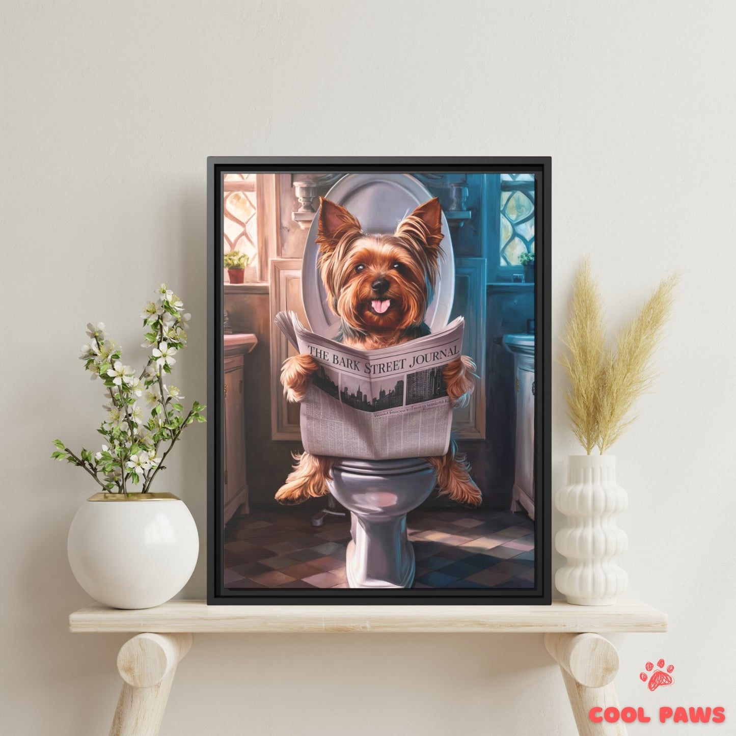 Yorkie Reading the Newspaper on the Toilet