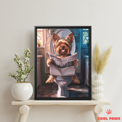 Yorkie Reading the Newspaper on the Toilet