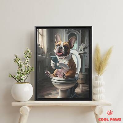 French Bulldog on the Toilet with a Smartphone