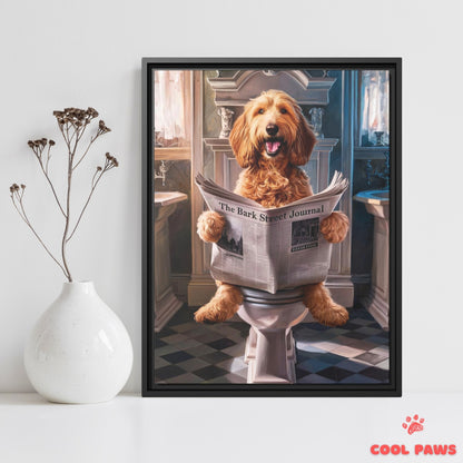 Goldendoodle Reading the Newspaper on the Toilet