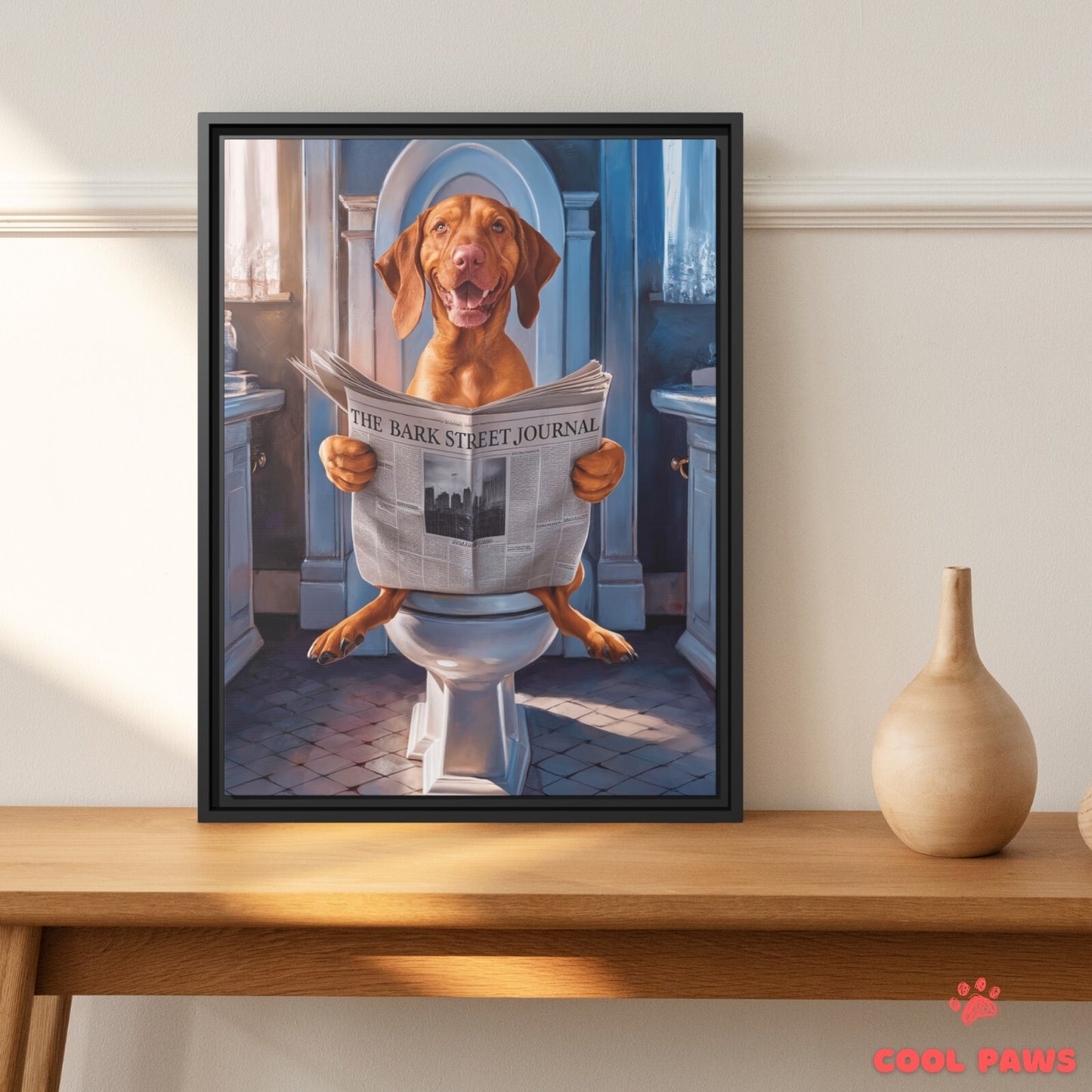 Vizsla Reading the Newspaper on the Toilet