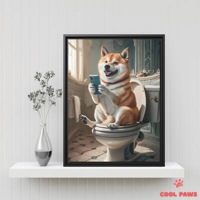 Shiba Inu on the Toilet with a Smartphone