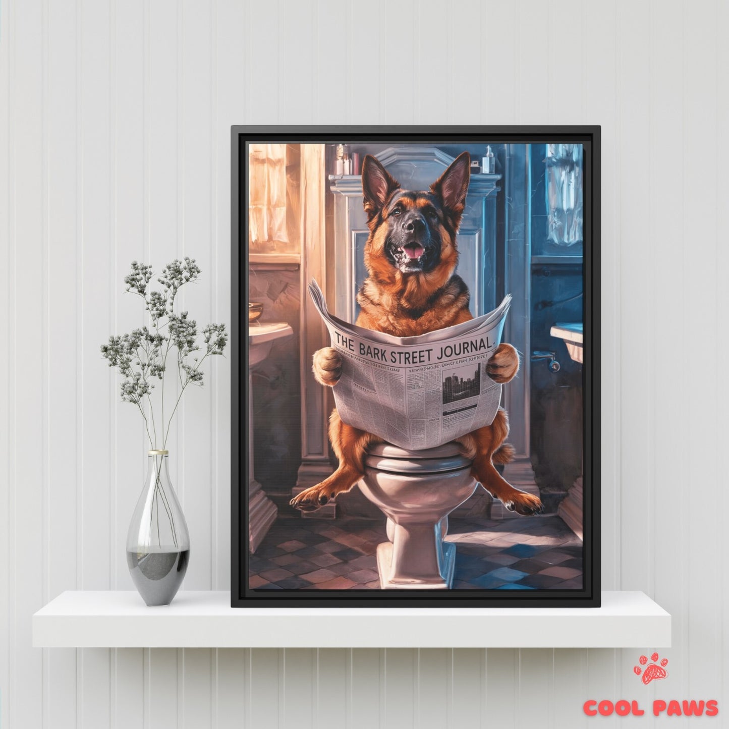 German Shepherd Reading the Newspaper on the Toilet