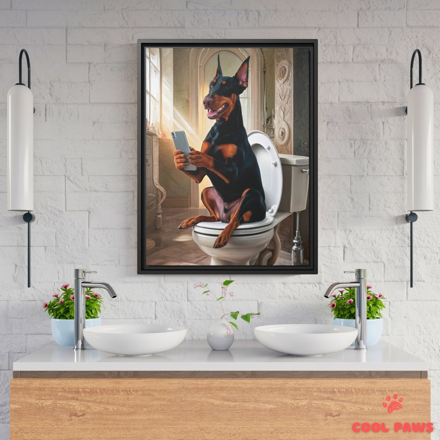Doberman on the Toilet with a Smartphone