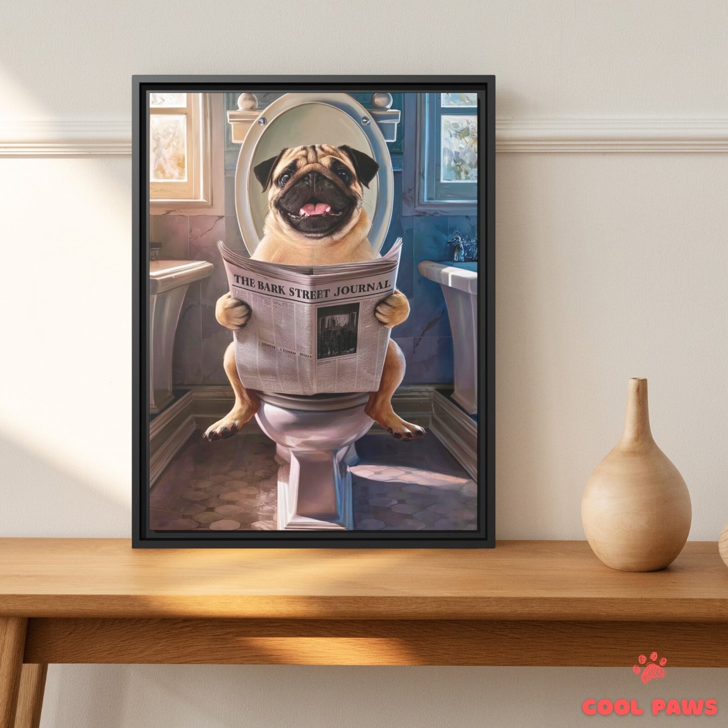 Pug Reading the Newspaper on the Toilet