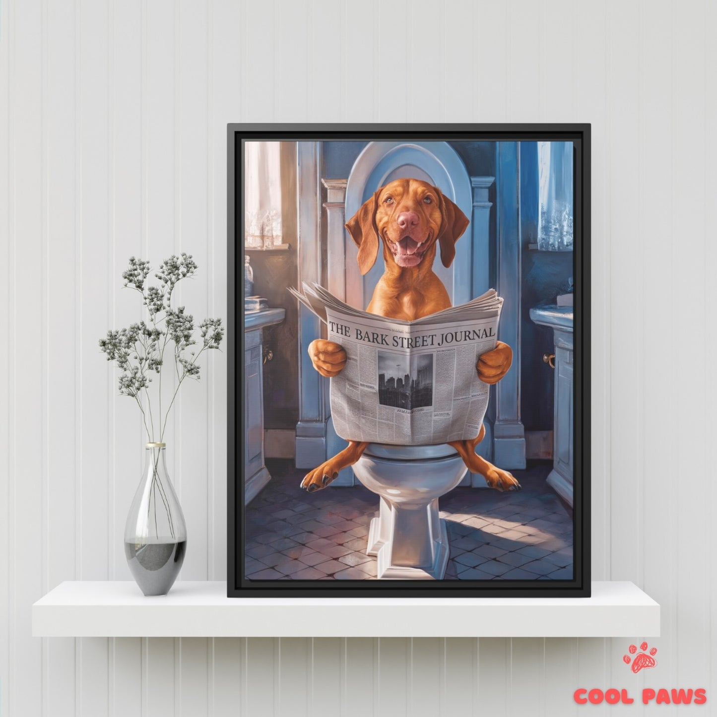 Vizsla Reading the Newspaper on the Toilet