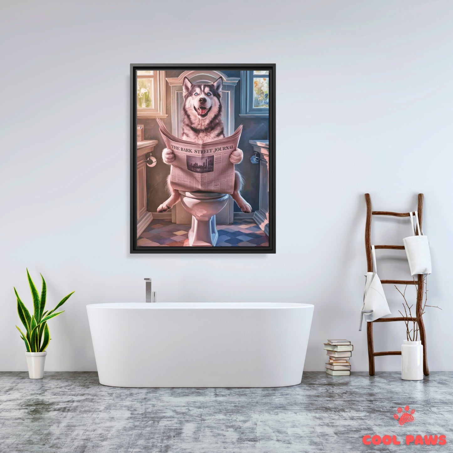 Husky Reading the Newspaper on the Toilet