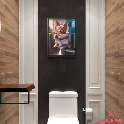 Yorkie Reading the Newspaper on the Toilet