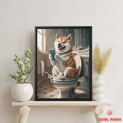 Shiba Inu on the Toilet with a Smartphone