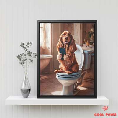 Cocker Spaniel on the Toilet with a Smartphone