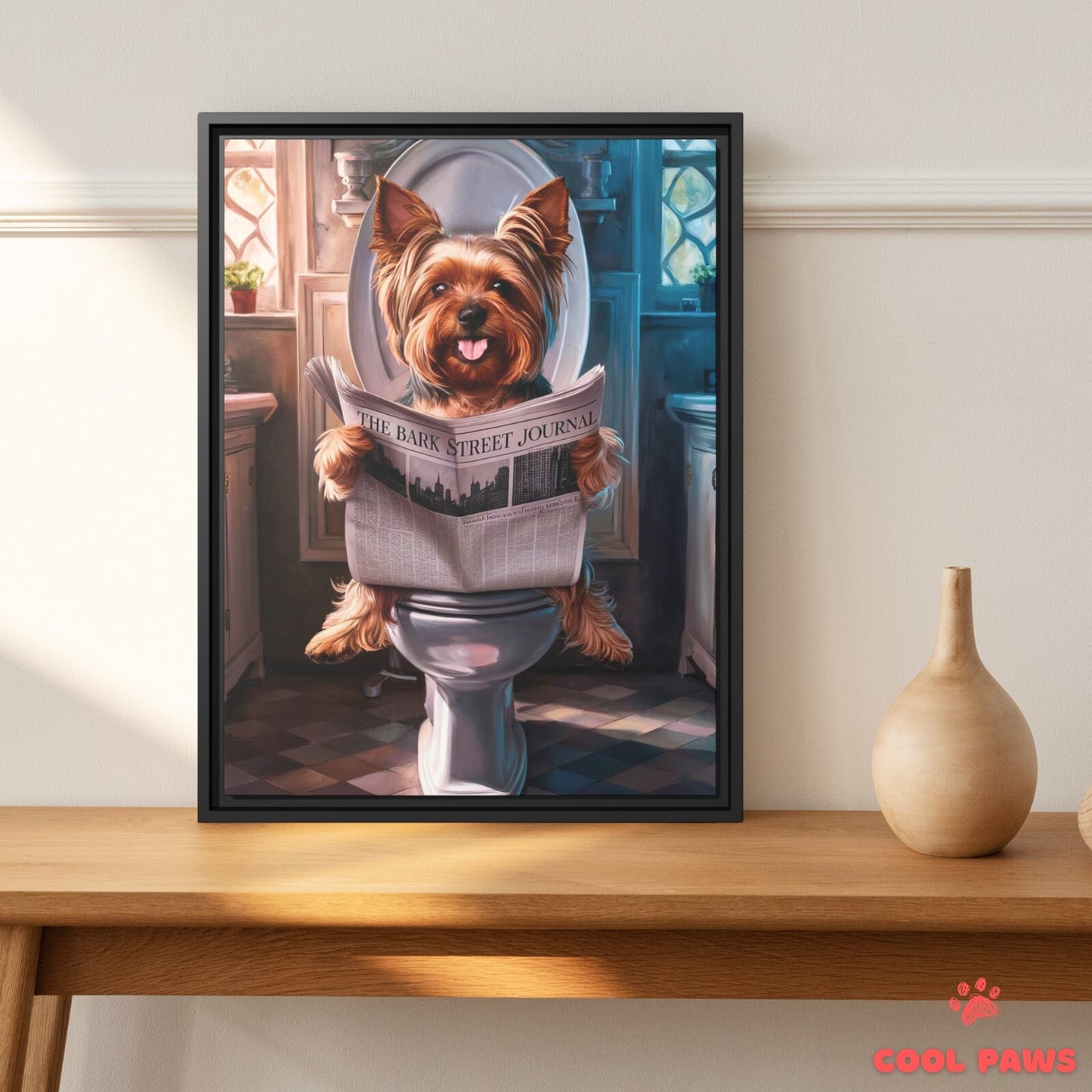 Yorkie Reading the Newspaper on the Toilet