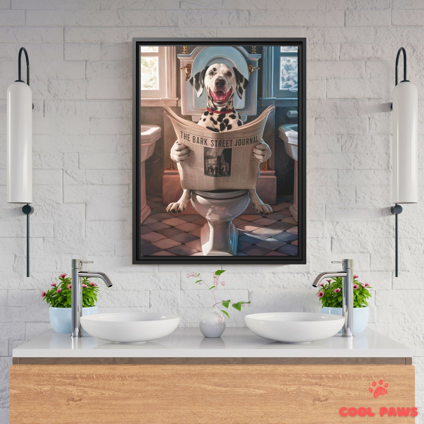 Dalmatian Reading the Newspaper on the Toilet