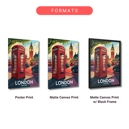 three different formats of a London-themed artwork: a poster print, a matte canvas print, and a black frame.