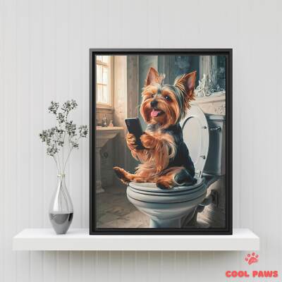 Yorkie on the Toilet with a Smartphone