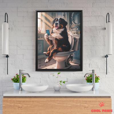 Bernese Mountain Dog on the Toilet with a Smartphone