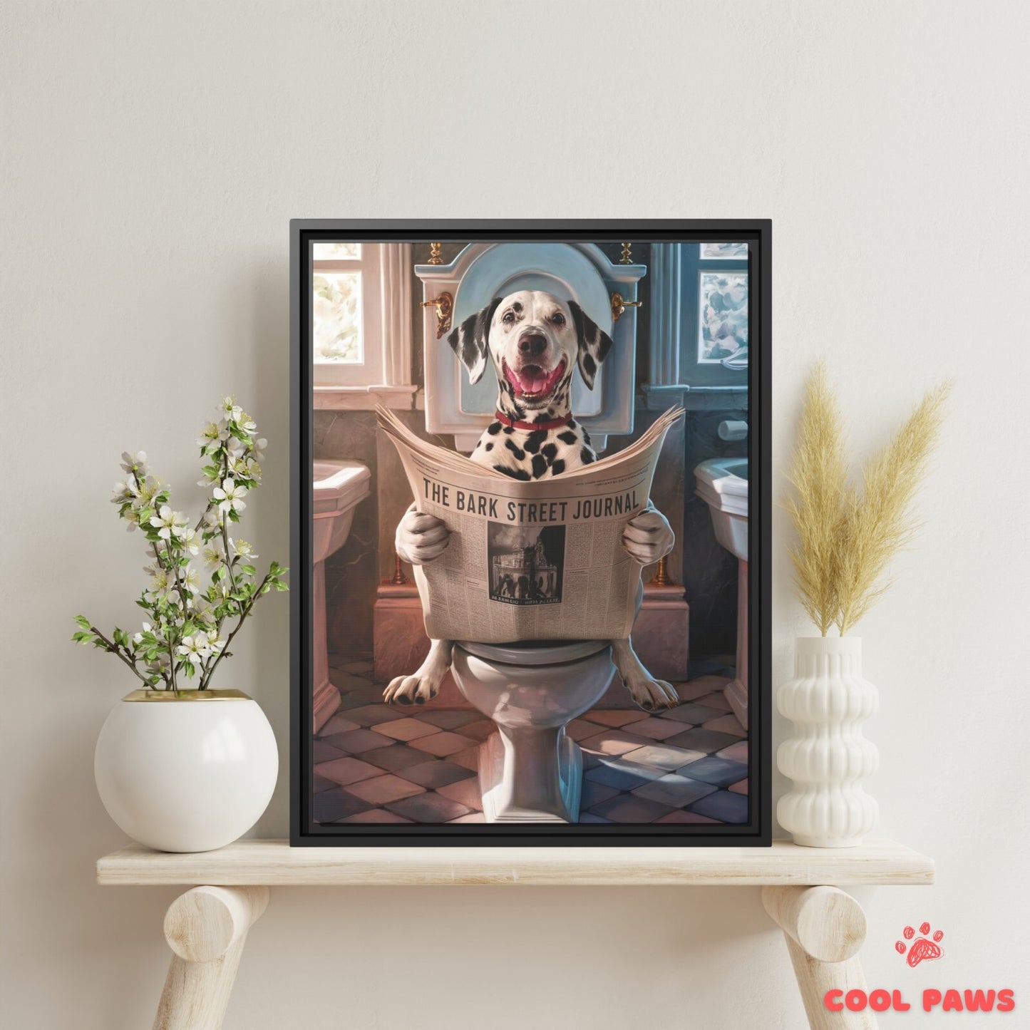 Dalmatian Reading the Newspaper on the Toilet