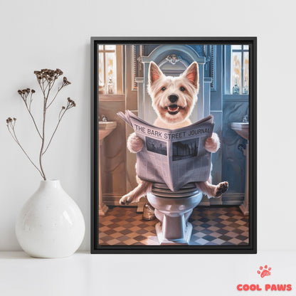 Westie Reading the Newspaper on the Toilet