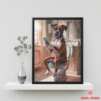 Boxer Dog on the Toilet with a Smartphone