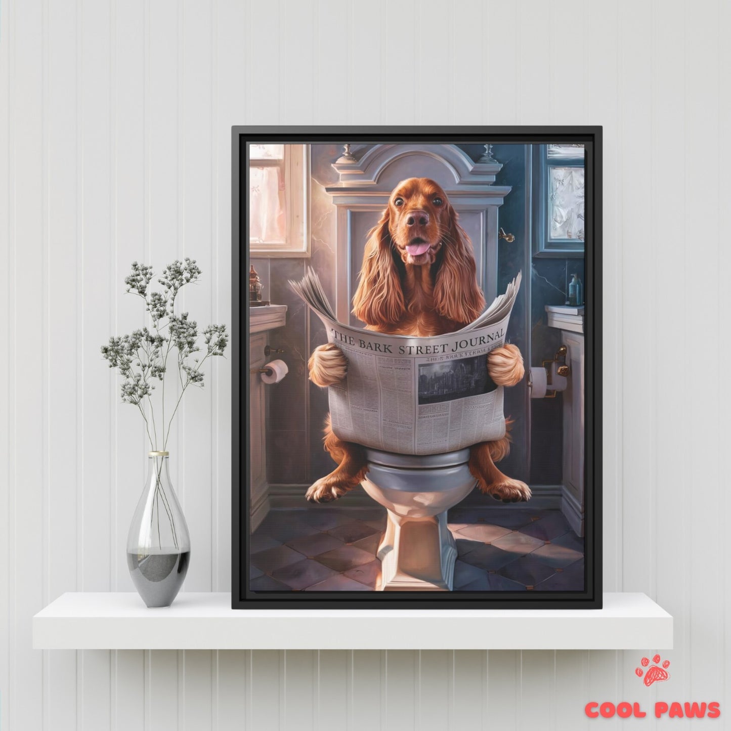 Cocker Spaniel Reading the Newspaper on the Toilet