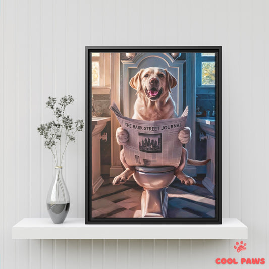 Labrador Retriever Reading the Newspaper on the Toilet