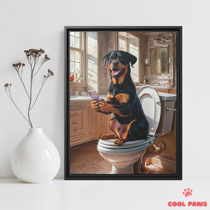 Rottweiler on the Toilet with a Smartphone